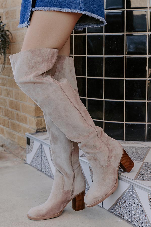 The Juliet Faux Suede Thigh High Boot in Taupe