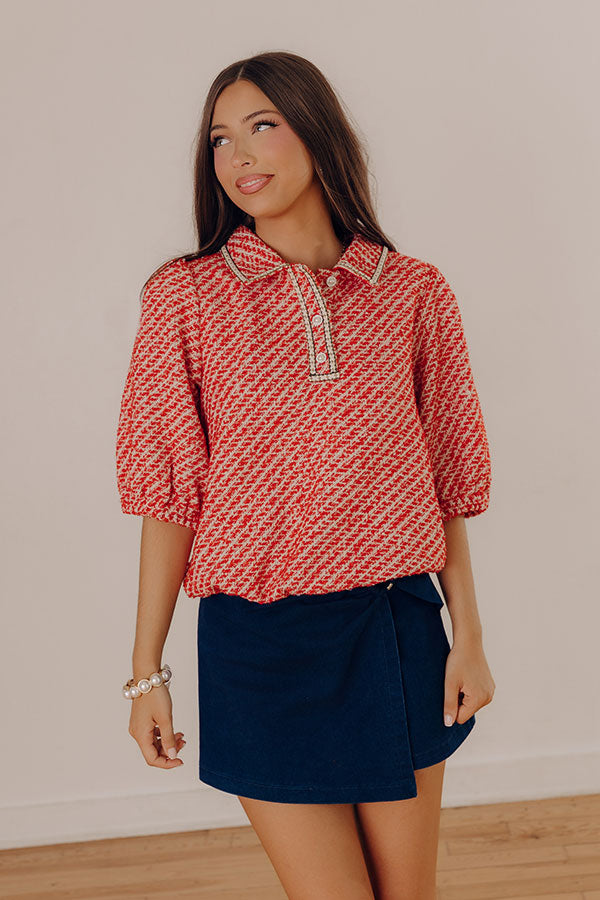 Preppy Charm Tweed Knit Top in Red Image - 1