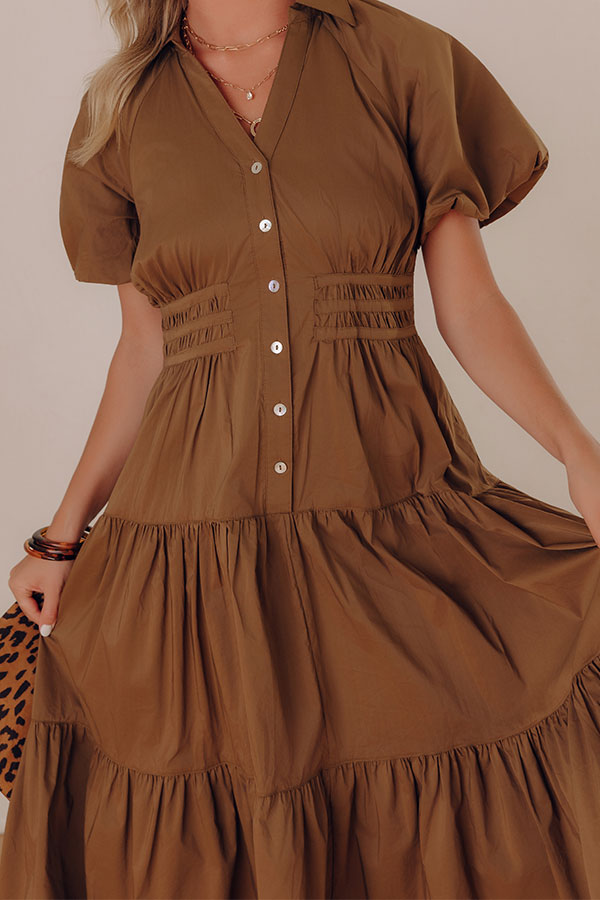 Bistro Charm Button Down Midi Dress in Mocha Image - 5