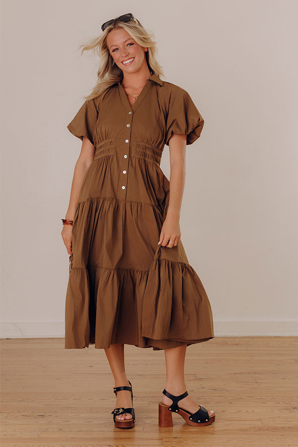 Bistro Charm Button Down Midi Dress in Mocha Image - 2