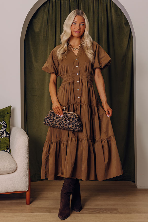 Bistro Charm Button Down Midi Dress in Mocha Image - 2
