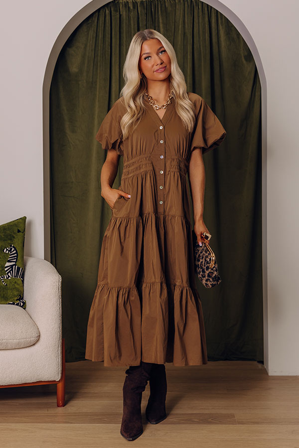 Bistro Charm Button Down Midi Dress in Mocha Image - 1