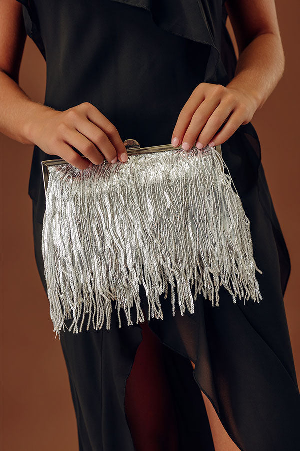 Celestia Sequin Fringe Clutch in Silver