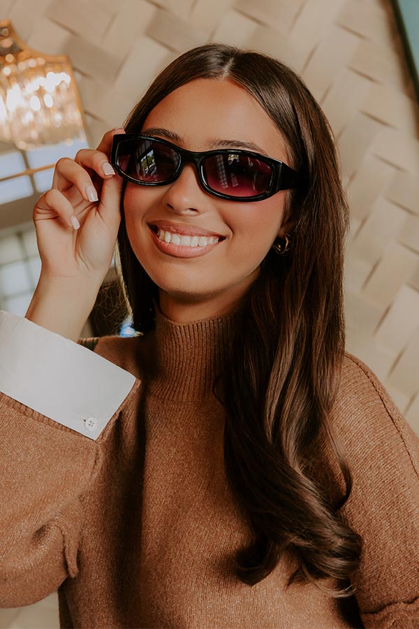 Caught Your Eye Rectangle Sunnies in Black with Purple Lens