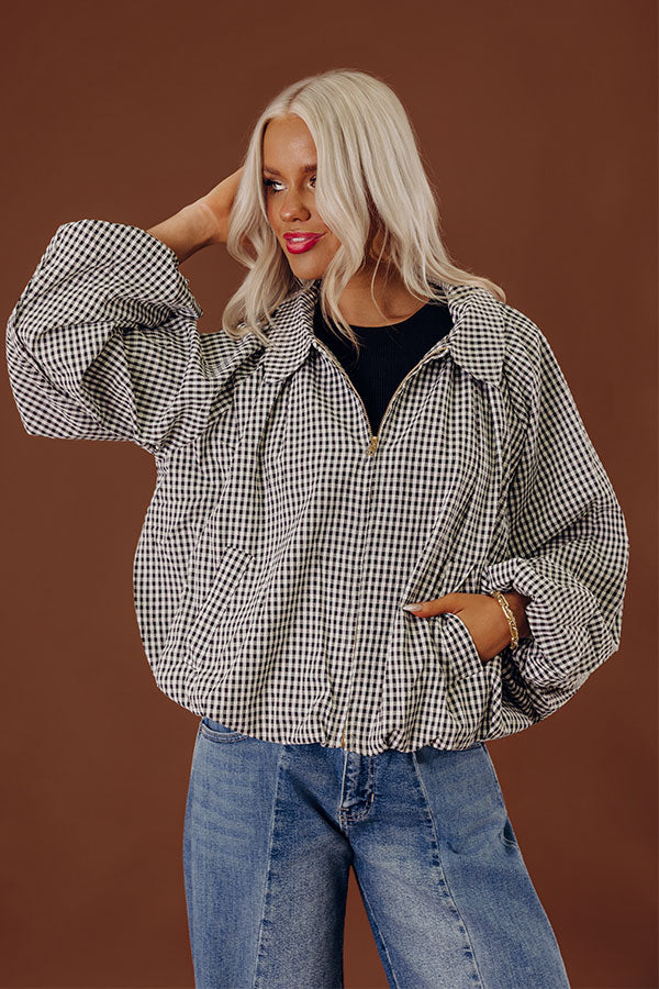 Checkered Charm Gingham Bomber Jacket
