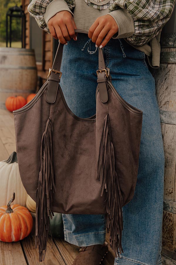 Nyxie Faux Suede Fringe Tote in Taupe