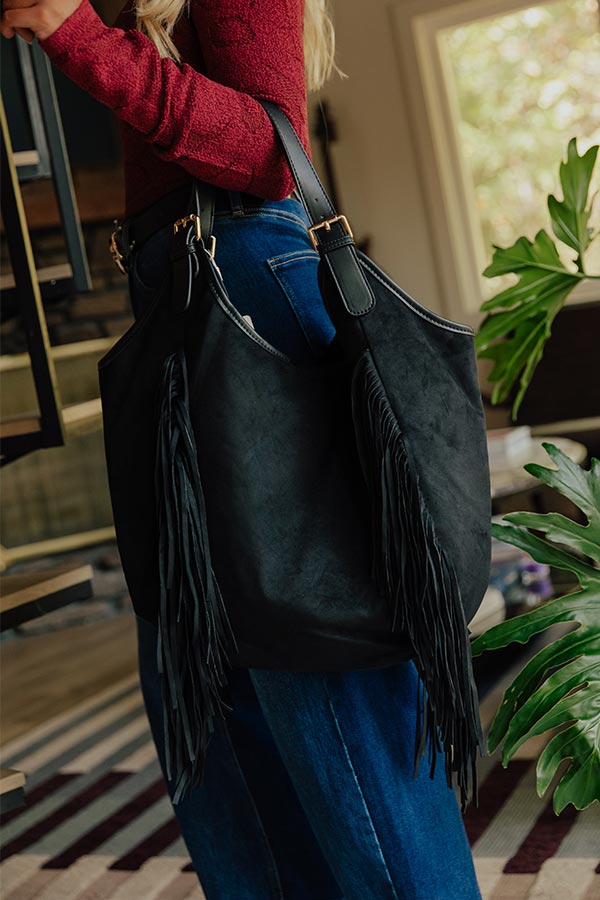 Nyxie Faux Suede Fringe Tote in Black