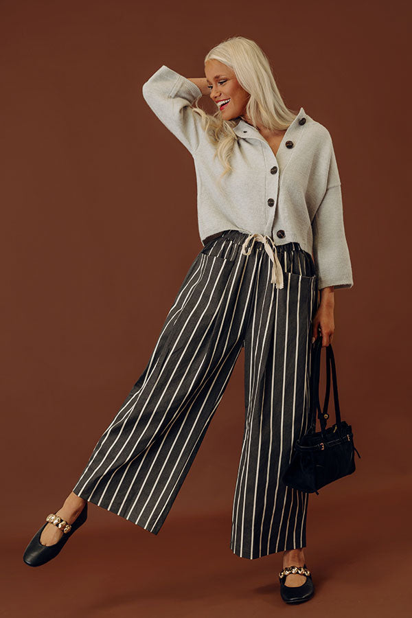 The Cora Midrise Wide Leg Stripe Pants in Black