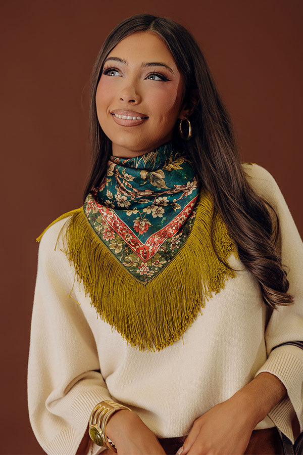 Boho Vibes Floral Satin Fringe Scarf in Teal