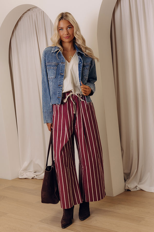 The Cora Midrise Wide Leg Stripe Pants in Wine Image - 2