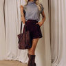 The Madeline High Waist Velvet Shorts in Merlot Image - 1