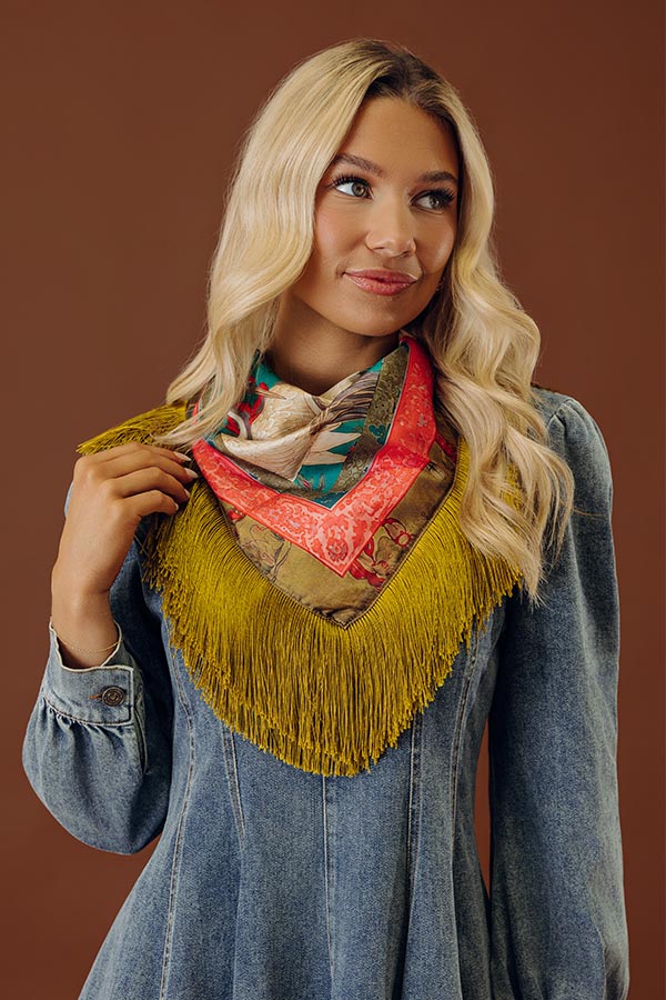 Boho Vibes Floral Satin Fringe Scarf in Turquoise