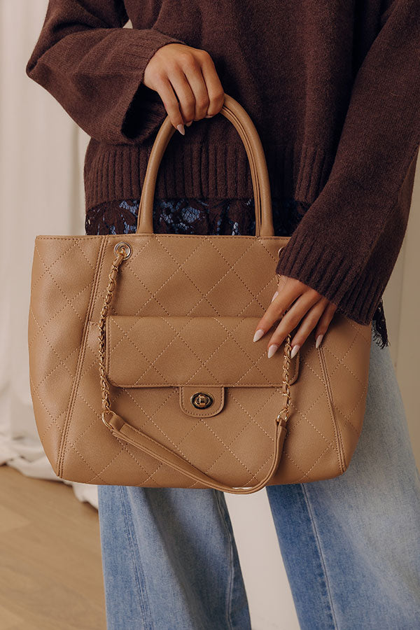 Hank Faux Leather Quilted Tote in Iced Latte