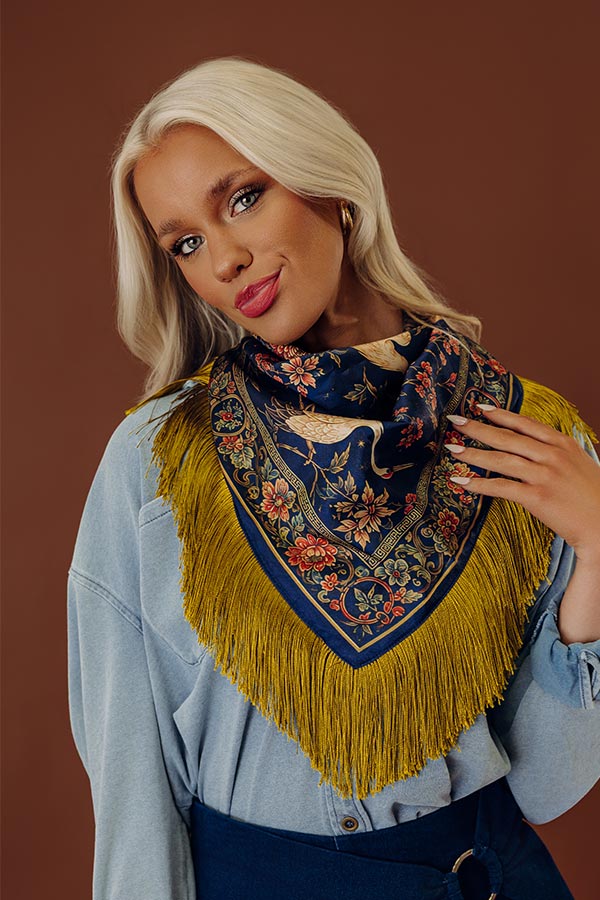 Boho Vibes Floral Satin Fringe Scarf in Navy