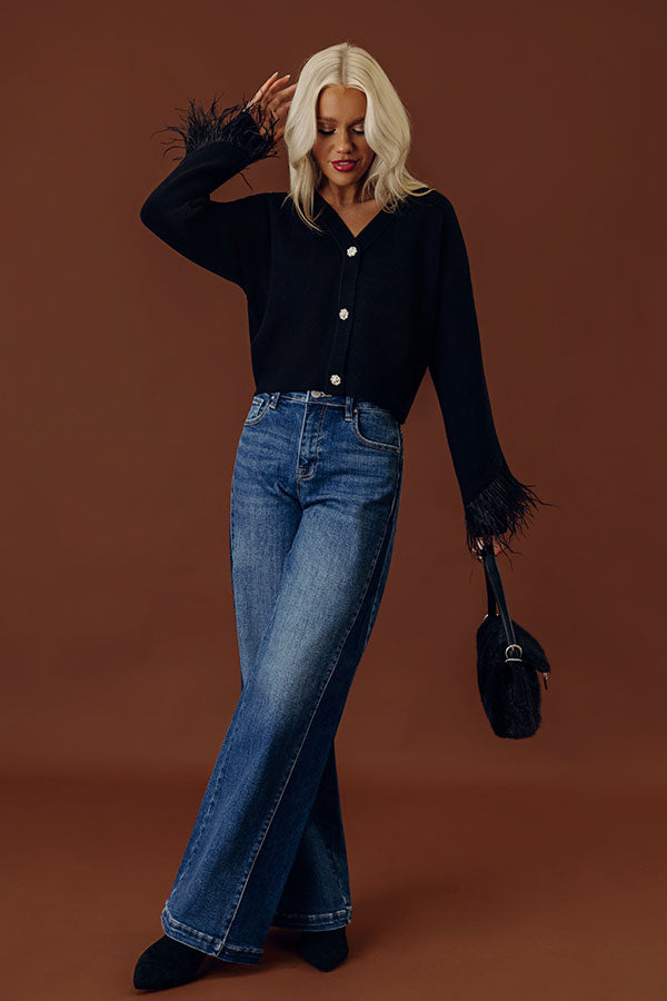 Cozy Cutie Knit Feather Trim Cardigan in Black Image - 1