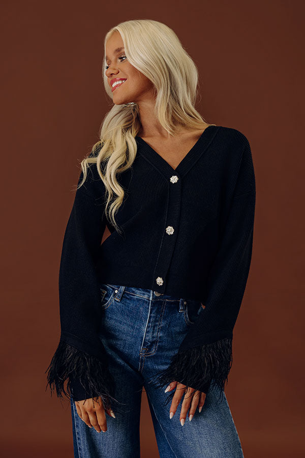 Cozy Cutie Knit Feather Trim Cardigan in Black Image - 2