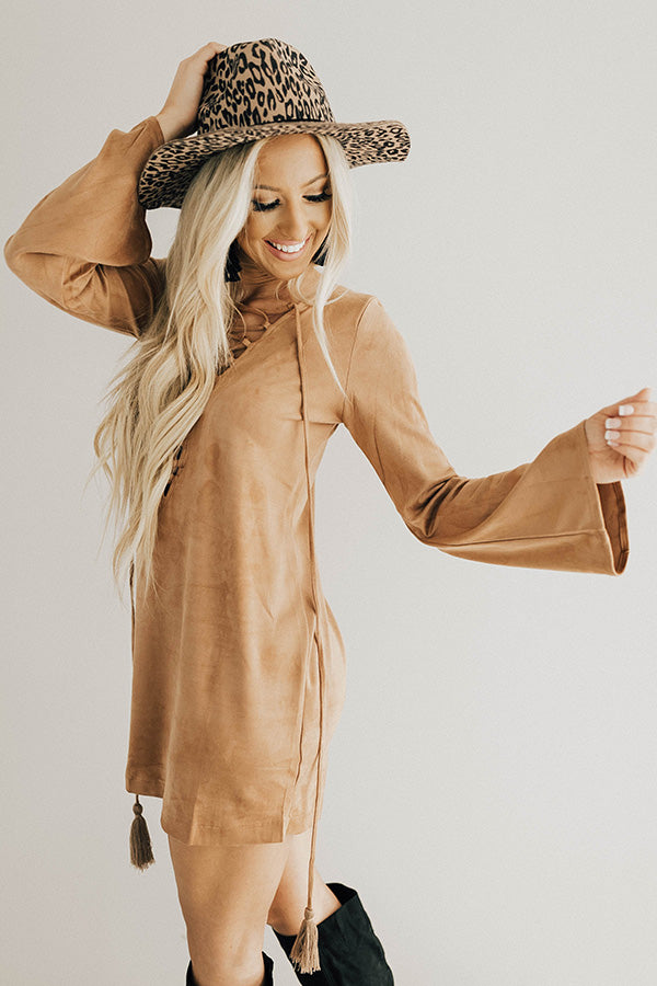 Making an Entrance Lace Up Faux Suede Shift Dress in Tan