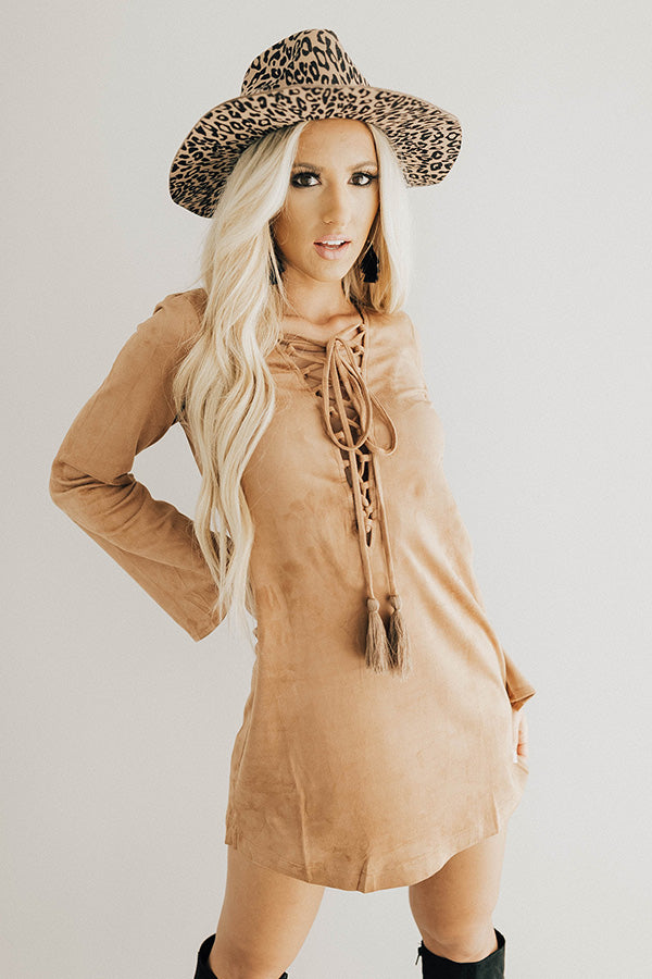 Making an Entrance Lace Up Faux Suede Shift Dress in Tan