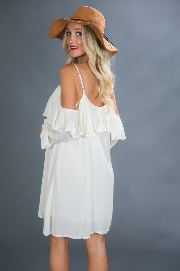 Escaping Reality Cold Shoulder Dress in Cream