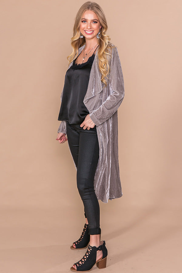 Fly Away With Me Velvet Cardigan in Grey