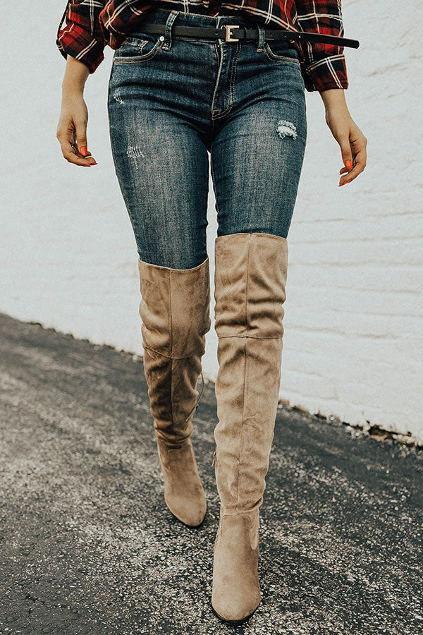 The Aspen Thigh High Lace Up Boot in Taupe