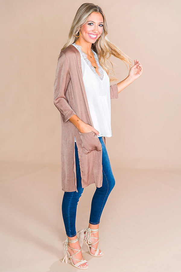 First Class Only Satin Cardigan in Mocha