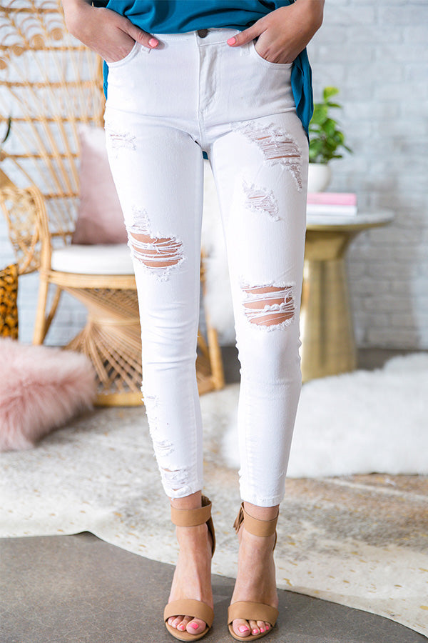 The Palm Beach Mid Rise Distressed Skinny in White