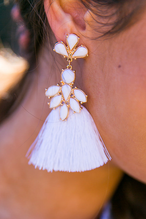 Social Hour Tassel Earrings in White