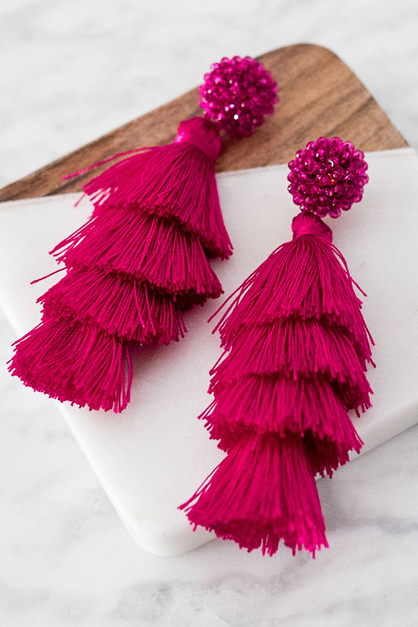 Bahama Beach Days Tassel Earrings In Berry