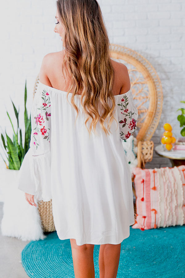 Champagne On The Beach Embroidered Shift Dress in White Champagne On The Beach Embroidered Shift Dress in White