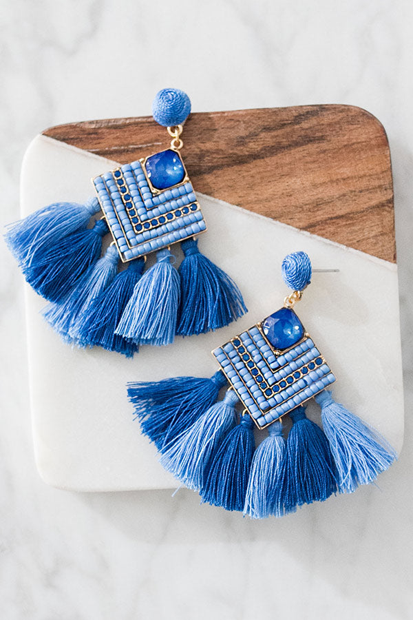 On Cabo Time Tassel Earrings In Blue