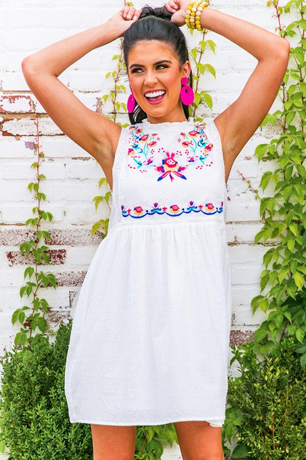 Maui Embroidered Shift Dress In White Maui Embroidered Shift Dress In White
