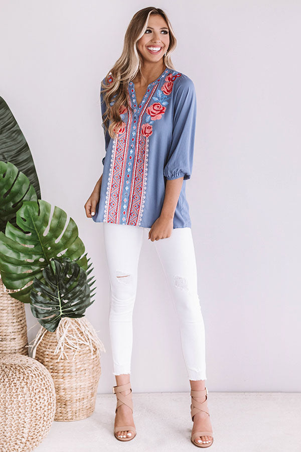 Sitting Pretty Seaside Embroidered Shift Top In Periwinkle