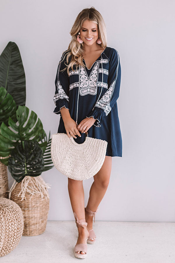Make It A Mimosa Embroidered Shift Dress in Navy