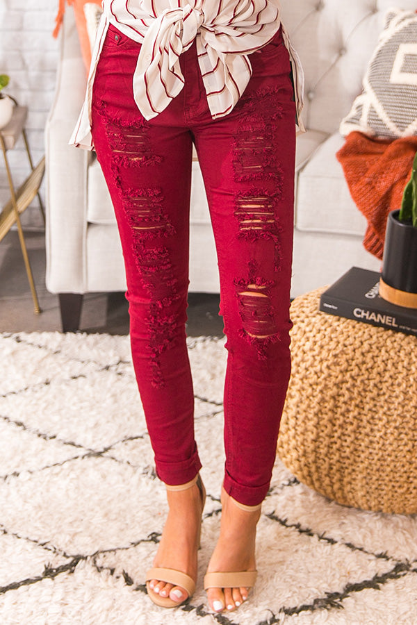 The Keagan High Waist Distressed Skinny in Wine