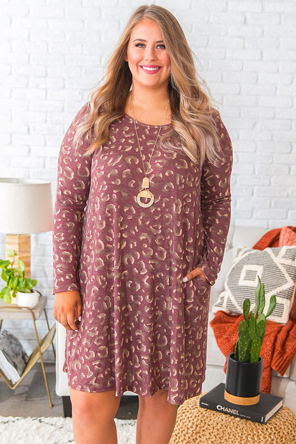 Cozy In Leopard Shift Dress in Windsor Wine Curves