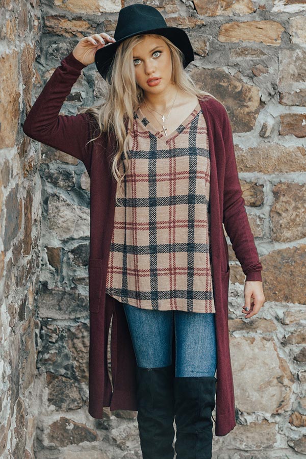 Vacay To The Alps Cardigan In Windsor Wine