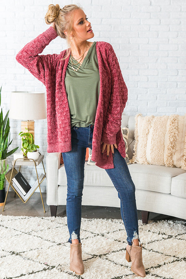 Wine Night Sippin' Chenille Cardigan In Rustic Rose