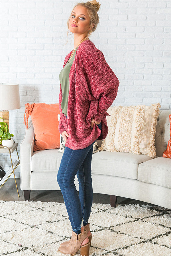 Wine Night Sippin' Chenille Cardigan In Rustic Rose