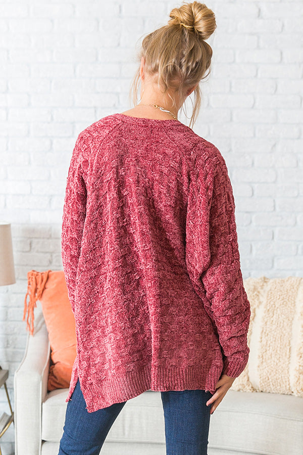 Wine Night Sippin' Chenille Cardigan In Rustic Rose