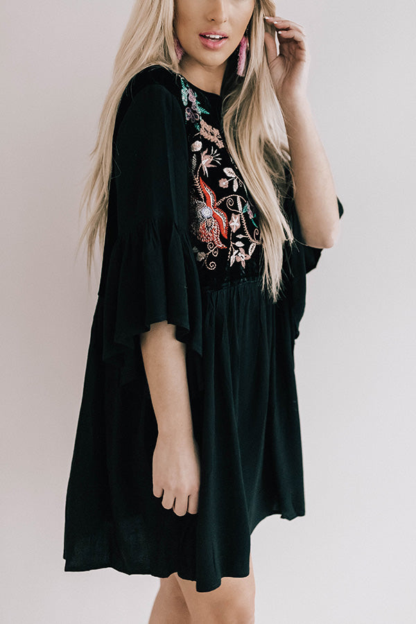 Darling Date Night Embroidered Shift Dress In Black