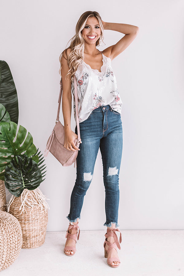 Chic In Santorini Satin Floral Tank In Silver