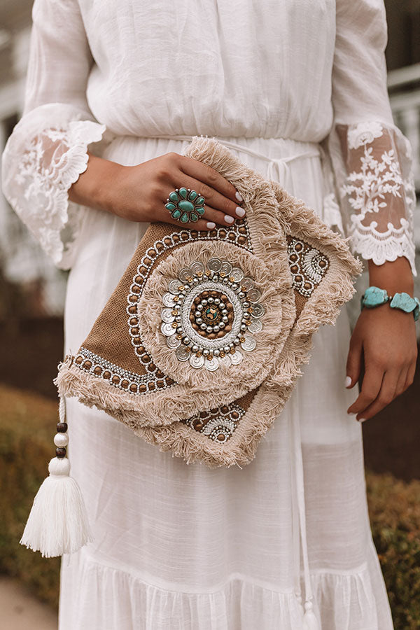 Boho Bliss Embellished Clutch in Tan