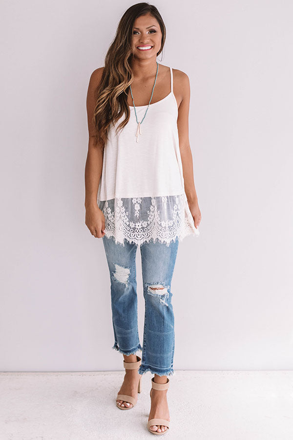 Warmer Days Lace Trim Tank In Cream