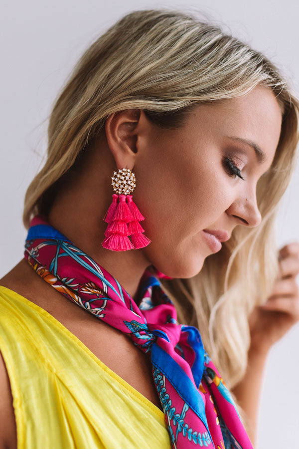 Seeing Sparkles Tassel Earrings In Hot Pink
