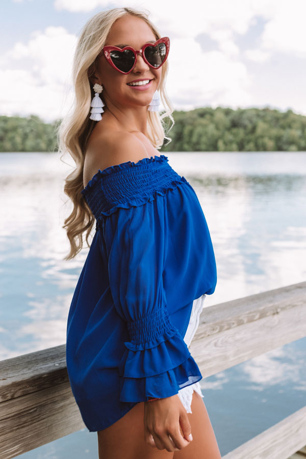 Wine And Sunshine Off Shoulder Top In Royal Blue Wine And Sunshine Off Shoulder Top In Royal Blue