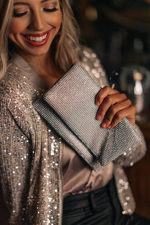 Shimmer In Style Rhinestone Clutch In Silver
