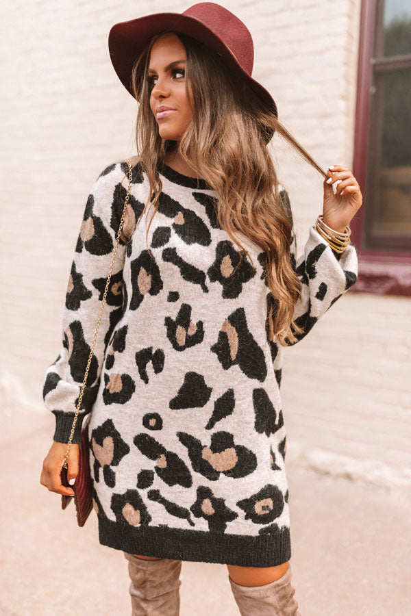 Let's Talk Leopard Sweater Dress In Brown Let's Talk Leopard Sweater Dress In Brown