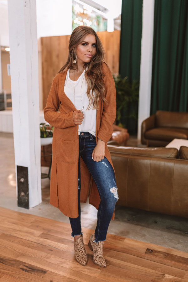 Ready To Rendezvous Waffle Knit Cardigan In Copper
