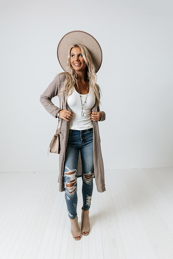 Ready To Rendezvous Waffle Knit Cardigan In Taupe
